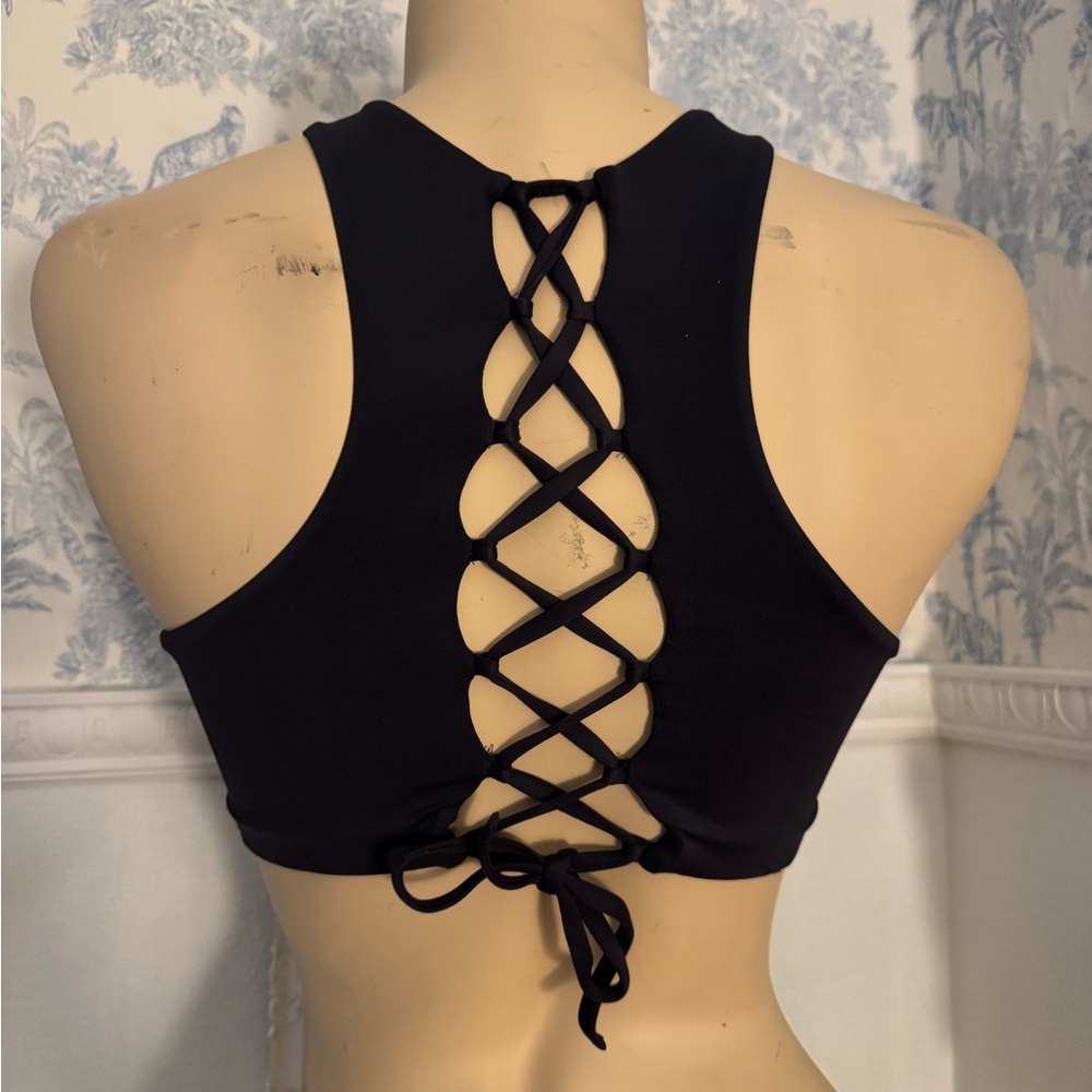 Black Lace-Up Back Swim Top